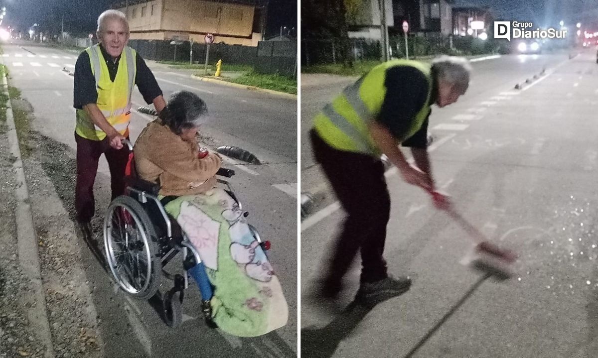 Valdiviano ejemplar limpia ciclovías junto a su señora en silla de ruedas